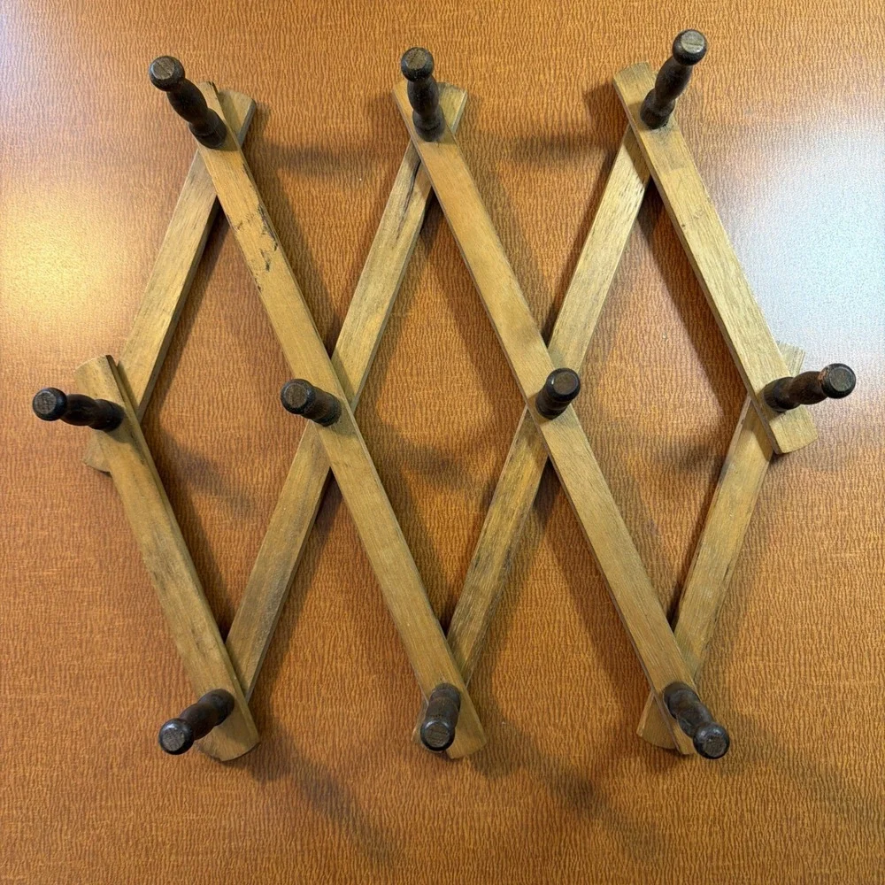 Vintage Accordion Wood Peg Rack 10 Pegs Wall Storage Organizer Coats Mugs 13